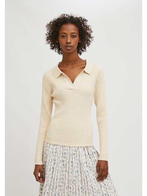 Jersey ajustado canalé cuello polo, beige