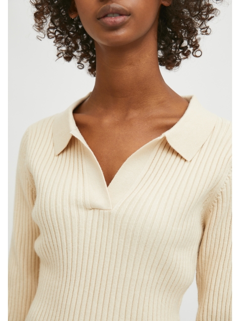 Jersey ajustado canalé cuello polo, beige