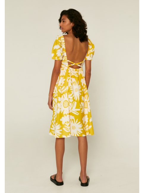 Vestido midi espalda floral amarillo